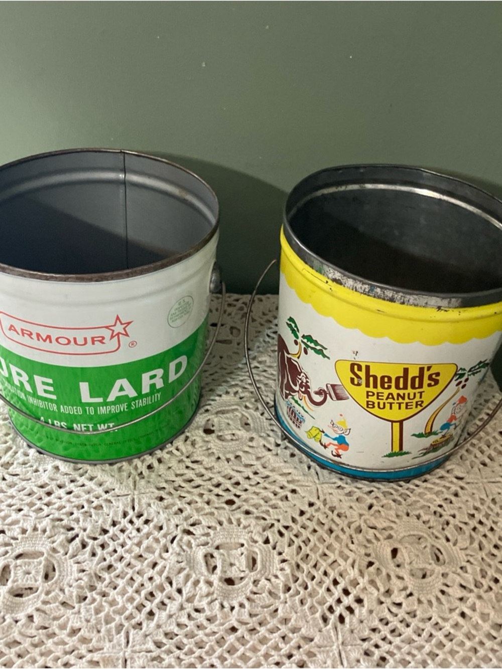 Vtg ARMOUR & Shedd's Peanut Butter 4 LB Lard Can Tin Pail Bucket Advertising